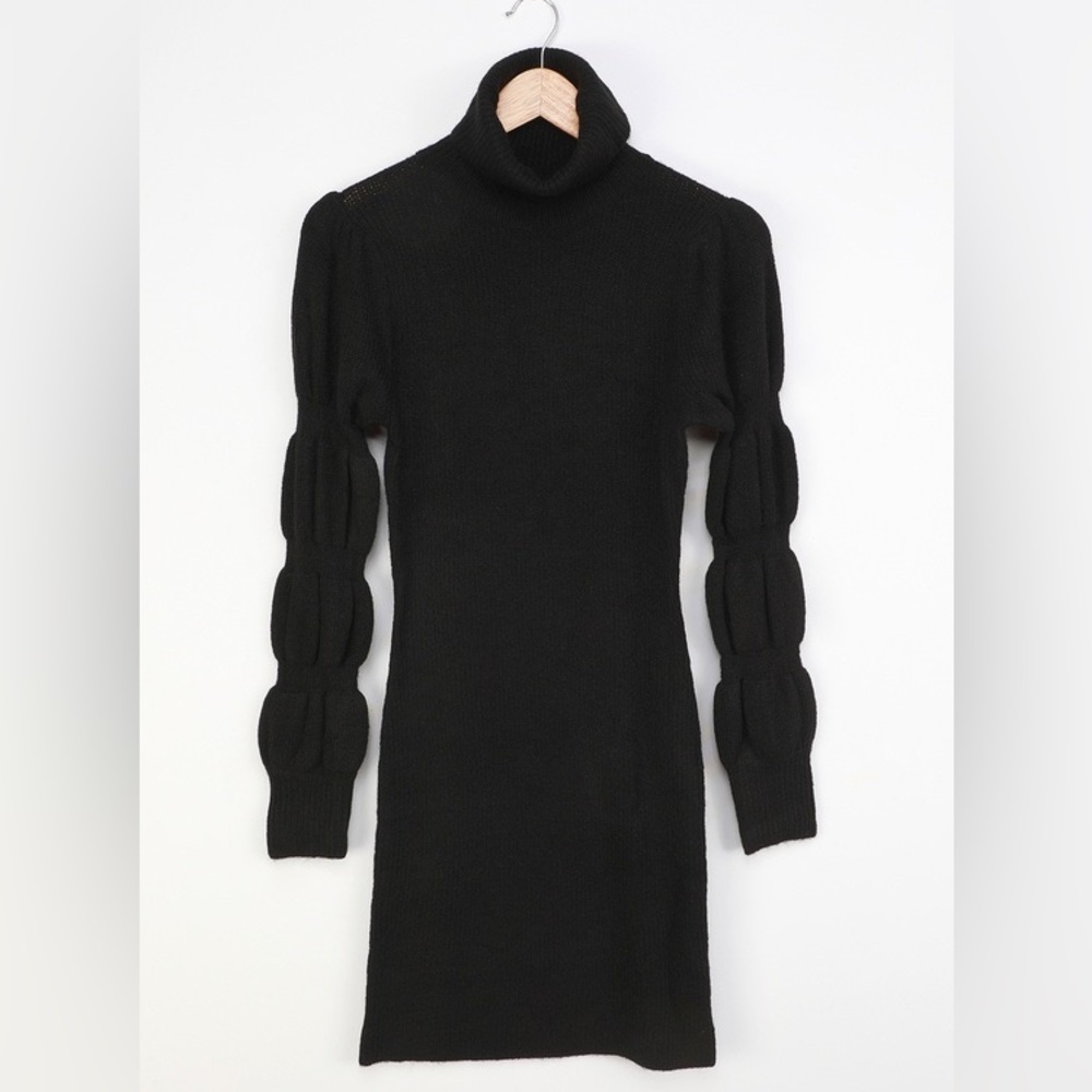 NWT Lulu’s Puff Sleeve Knit Dress in Black Size XS Turtleneck Long Sleeve Dress - Picture 3 of 9